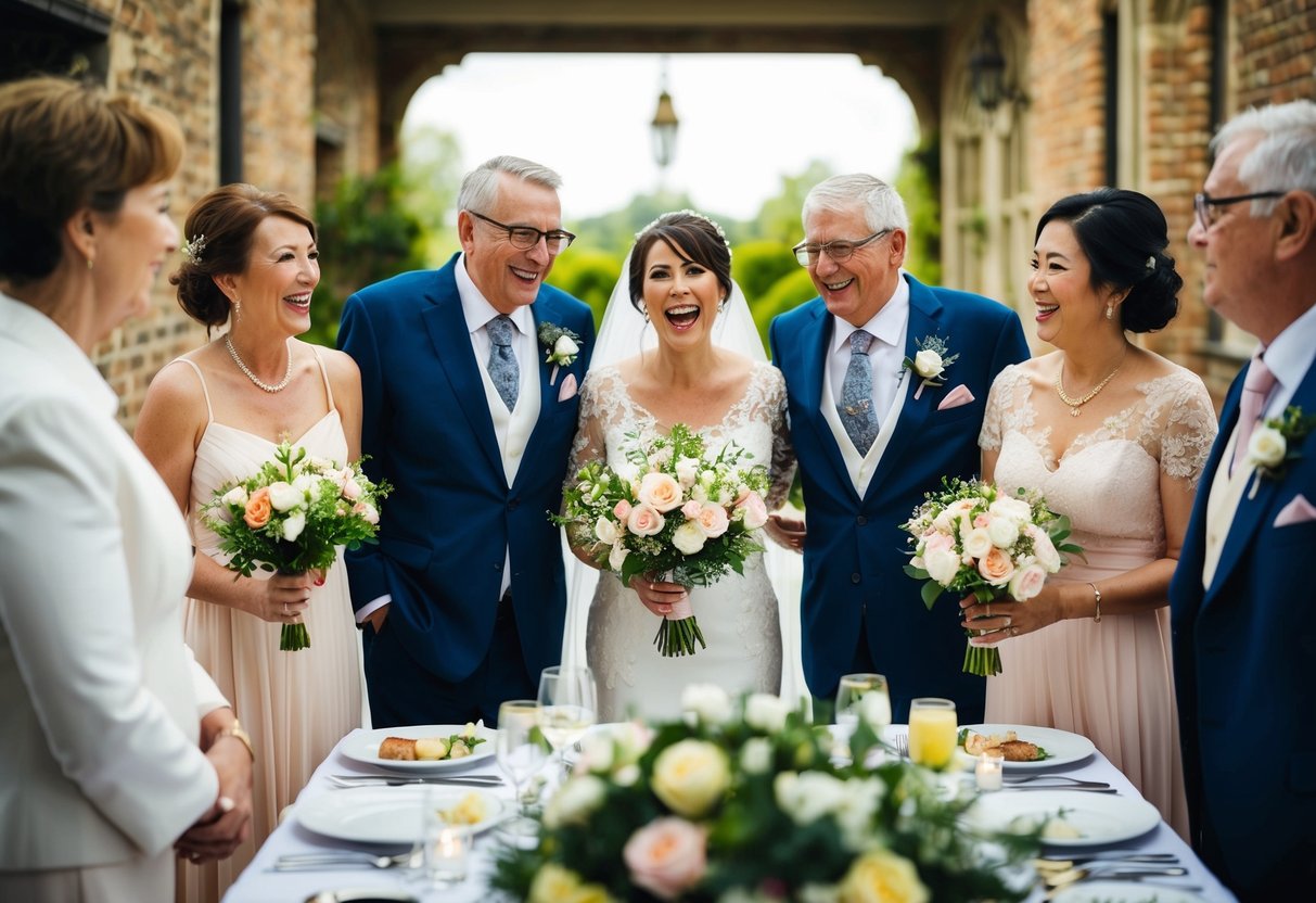 The bride's parents traditionally contribute to wedding expenses, such as the venue, catering, and flowers. Illustrate a joyful wedding scene with parents overseeing preparations