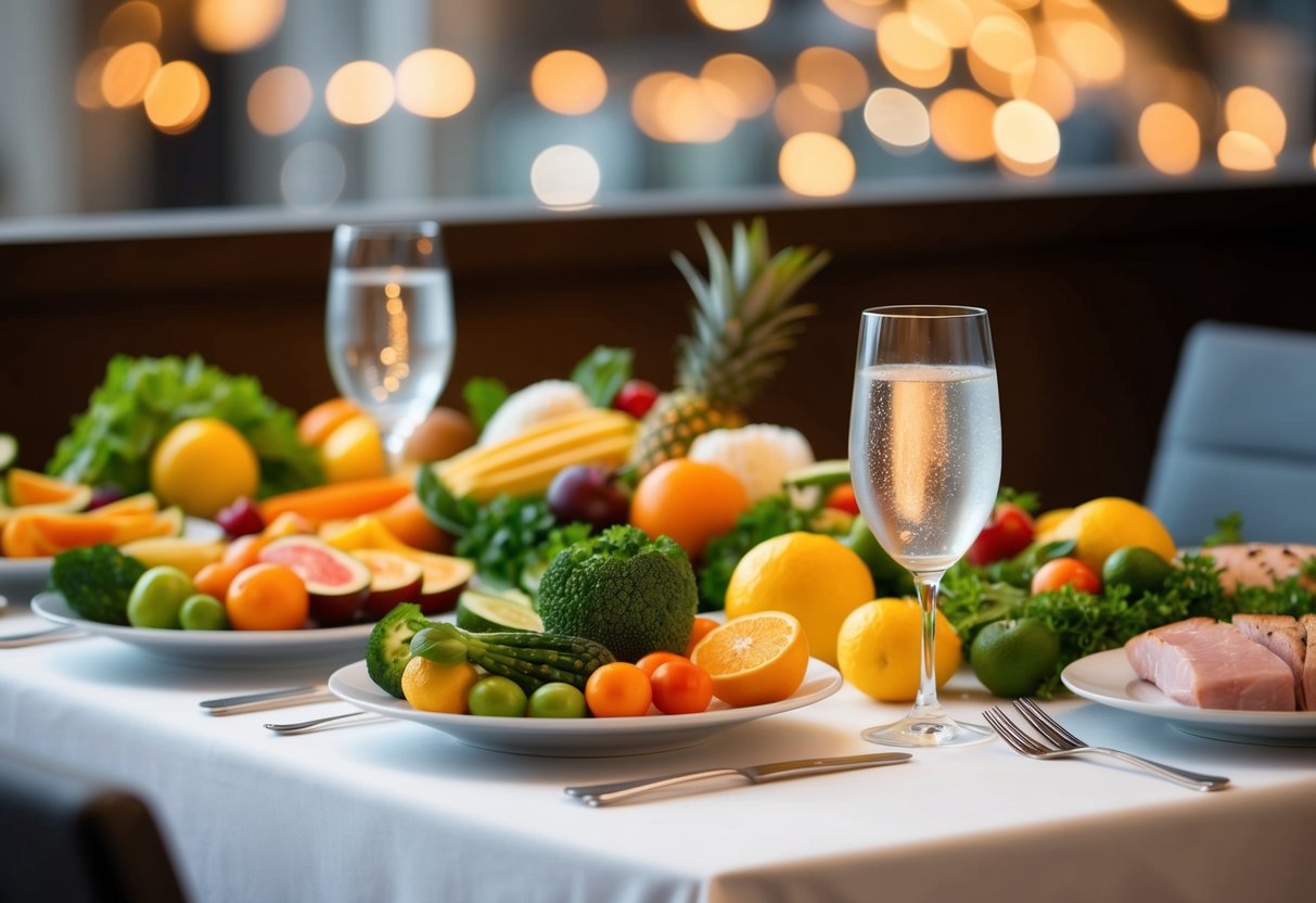 A beautifully arranged table with a variety of fresh fruits, vegetables, and lean proteins, along with a glass of sparkling water