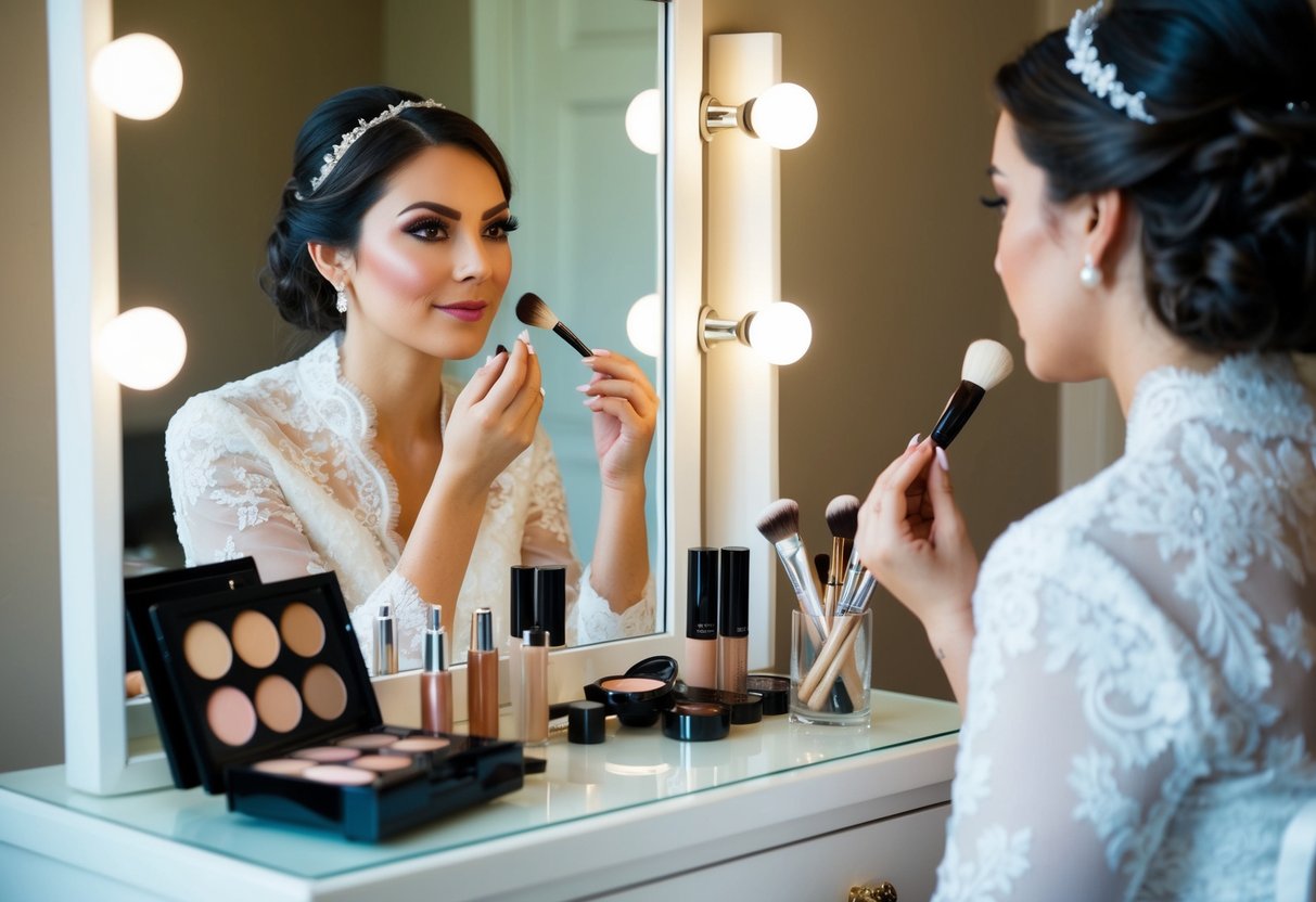 A bride sits at a vanity, surrounded by makeup products and brushes. She carefully applies foundation, eyeshadow, and lipstick, focusing intently on her reflection in the mirror