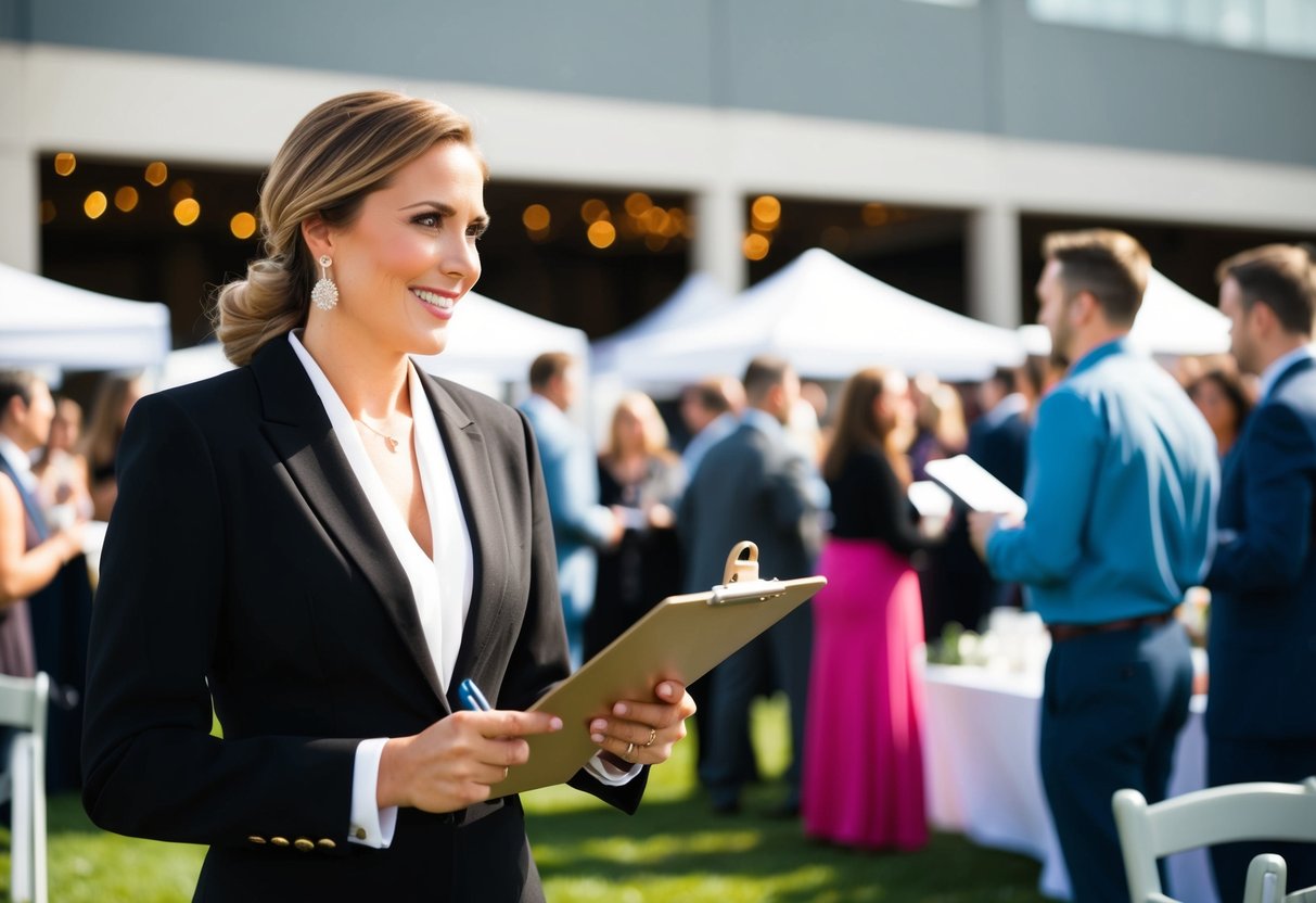 A day of coordinator wearing a black blazer and white blouse, standing with a clipboard in hand, overseeing a bustling event with vendors and guests