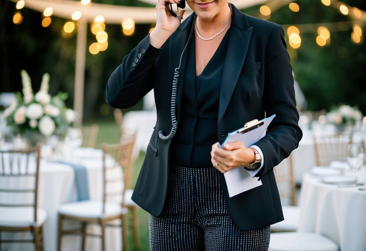 A day-of coordinator wearing a black blazer and coordinating pants, holding a clipboard and talking on a headset while overseeing a wedding reception setup