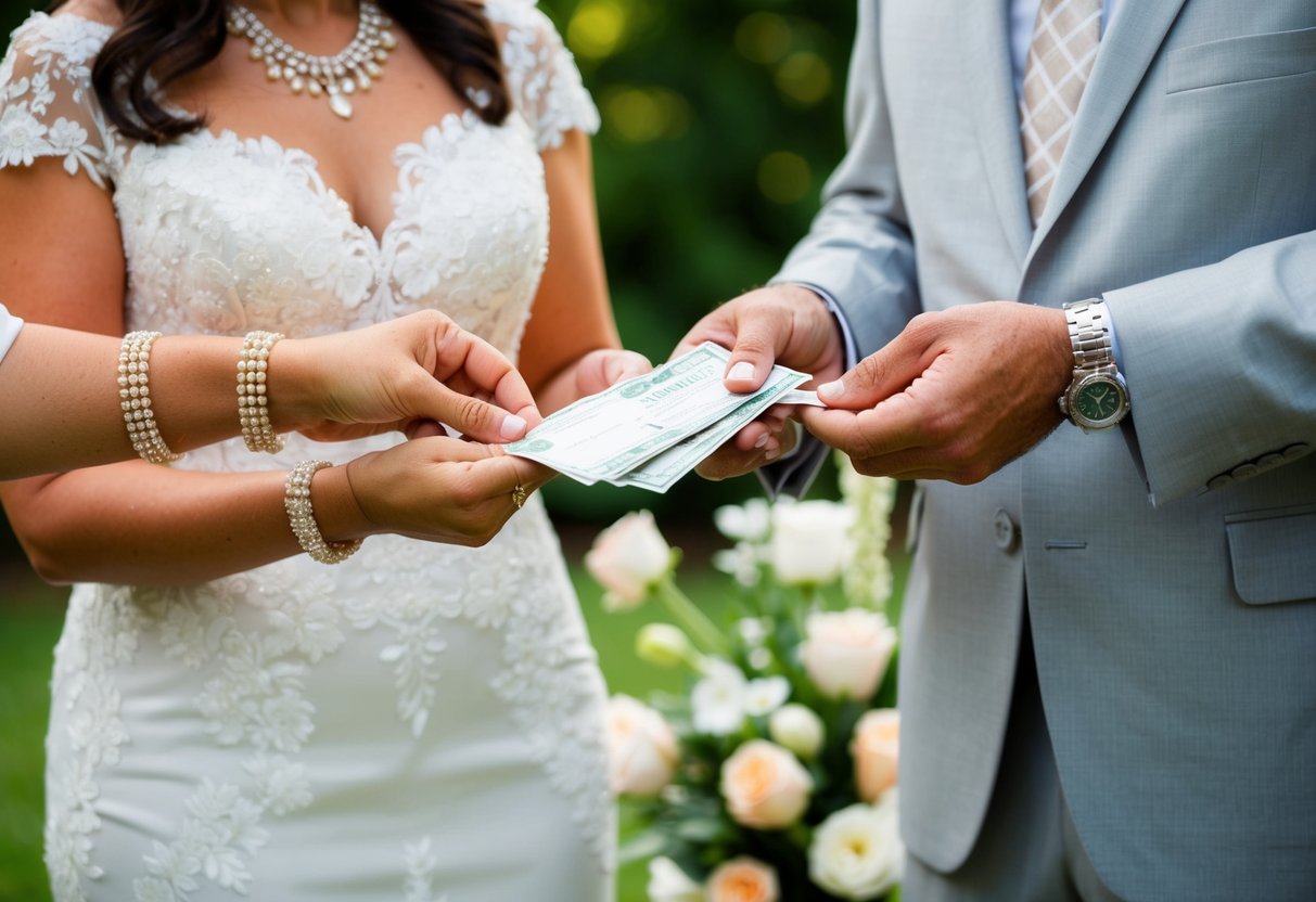 The bride's parents are shown paying for wedding expenses like venue, catering, and decorations