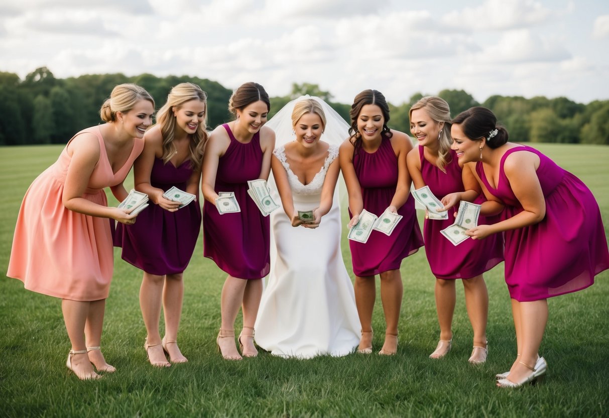 Bridesmaids pooling money for wedding expenses, including dresses, shoes, and travel