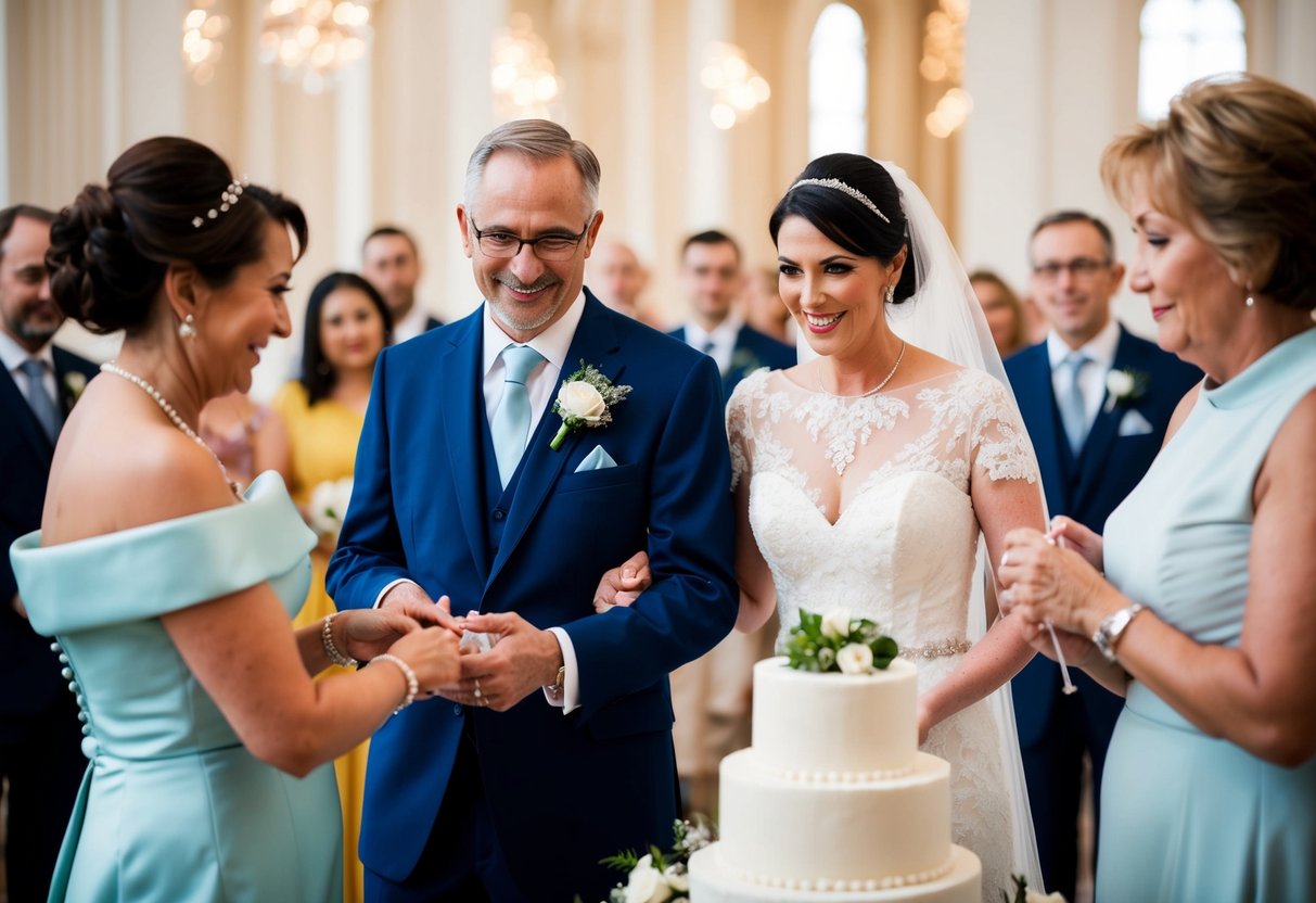 The parents of the bride contribute financially to the wedding by paying for the venue, catering, and decorations, as well as the bride's attire and the wedding cake