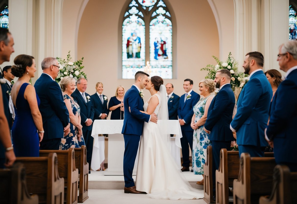 A couple stands alone at the altar, surrounded by family and friends. The focus is on the intimate moment shared between the two, with no wedding party in sight