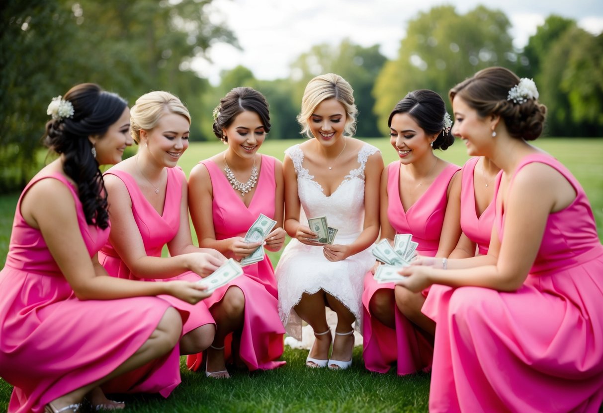 A group of bridesmaids pooling their money to cover the cost of the bride's dress, shoes, and accessories for the wedding