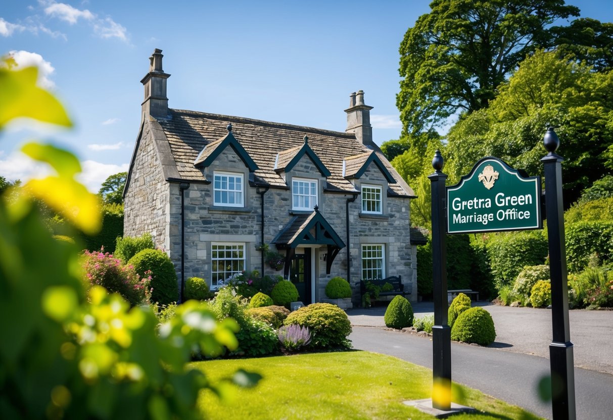 A quaint stone building with a sign reading "Gretna Green Marriage Office" surrounded by lush greenery and a clear blue sky
