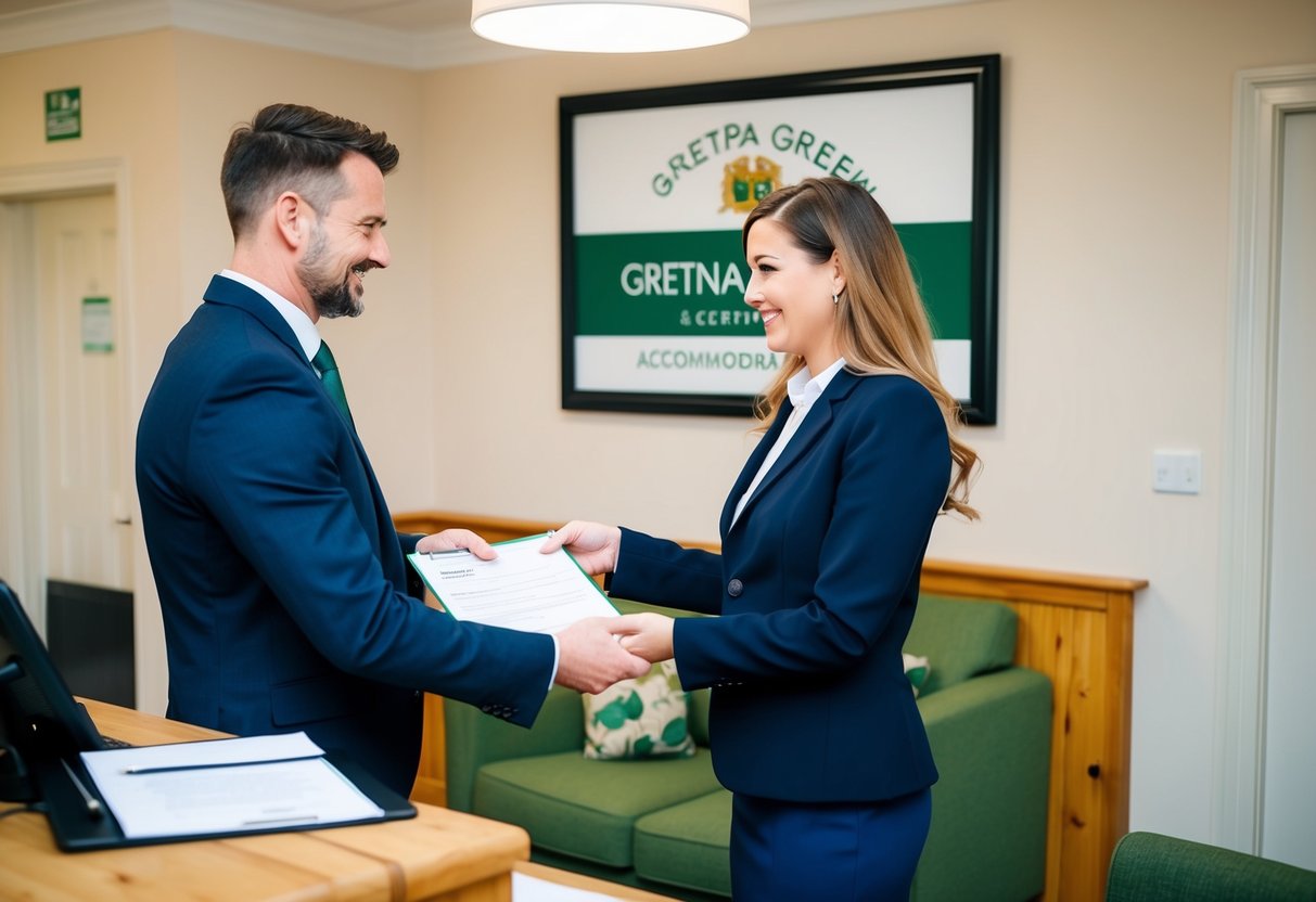 A couple hands over documents to a receptionist at Gretna Green's accommodation office