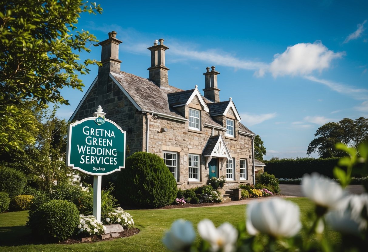 A quaint stone building with a sign reading "Gretna Green Wedding Services" surrounded by lush greenery and a clear blue sky