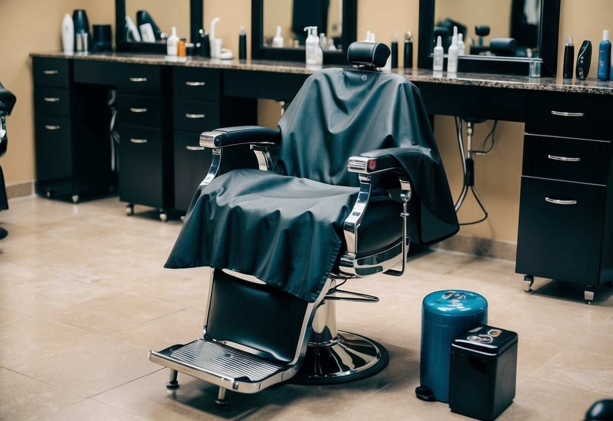 A barber chair with a cape draped over it, surrounded by various hair cutting tools and products