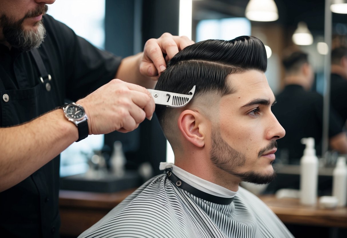 A barber trims a man's hair with a number 7 guard, leaving hair 7/8 inch long, creating a neat and uniform look
