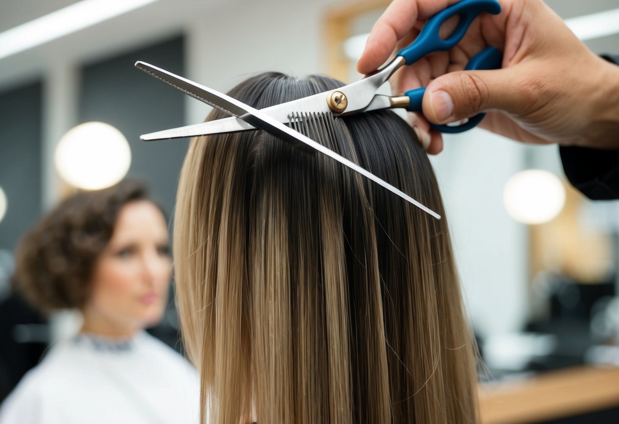 A pair of scissors cutting through hair, with the stylist carefully shaping the hair into a number 7 style