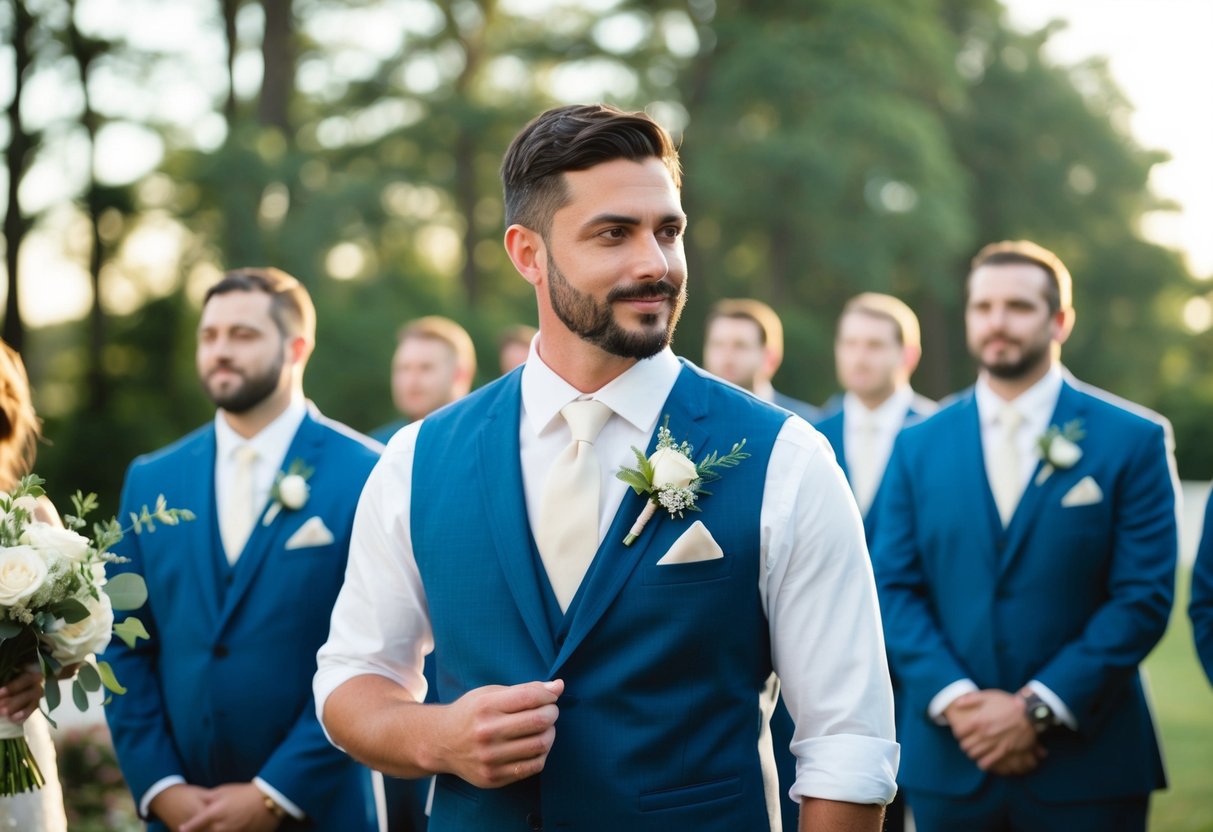 A groomsman holds a bouquet and adjusts a boutonniere on his lapel. He stands in a line with other groomsmen, awaiting the start of the wedding ceremony