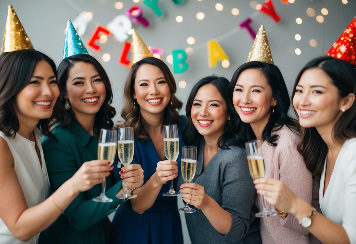 A group of women celebrating with champagne and decorations