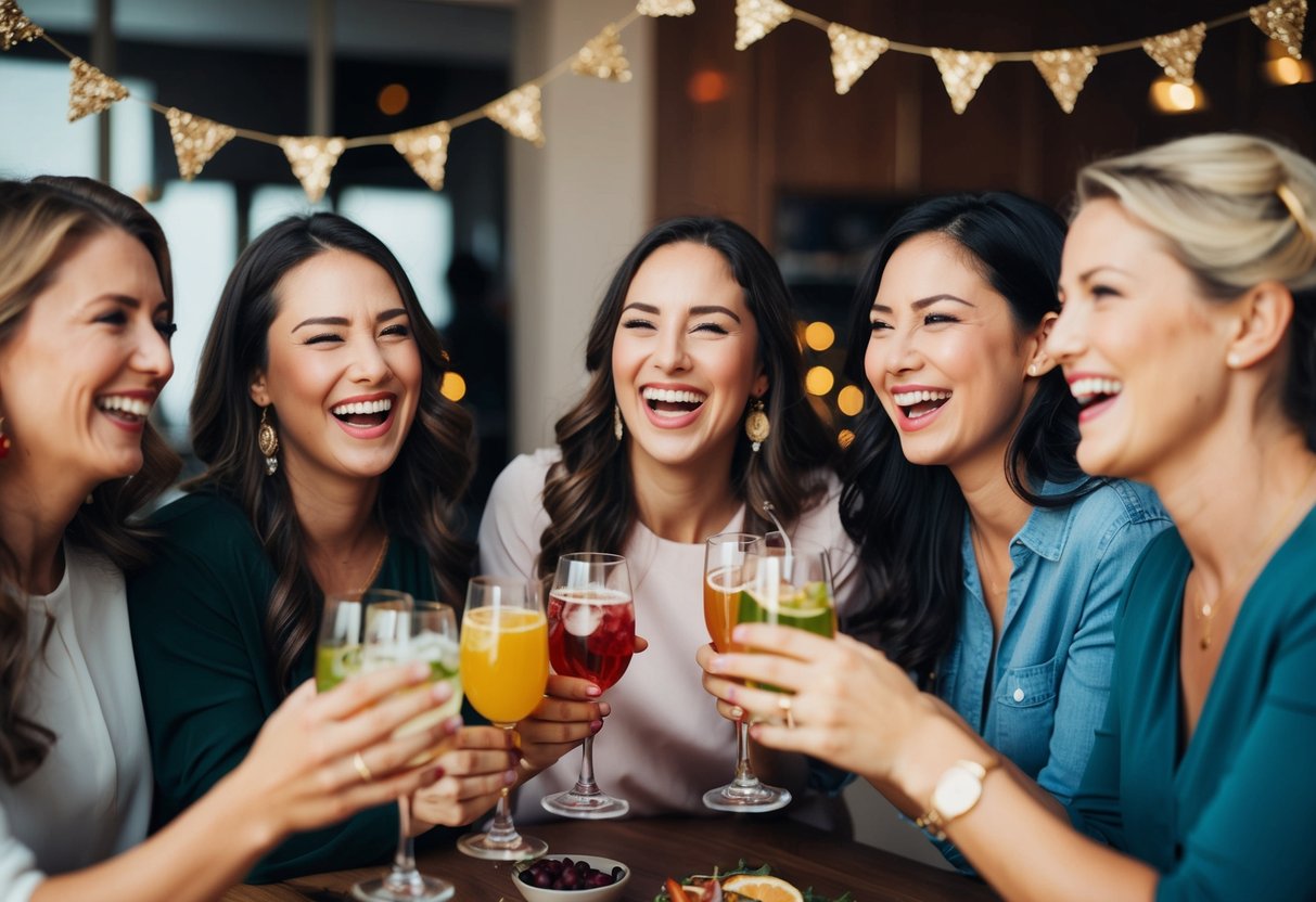 A group of women celebrating with decorations, drinks, and laughter
