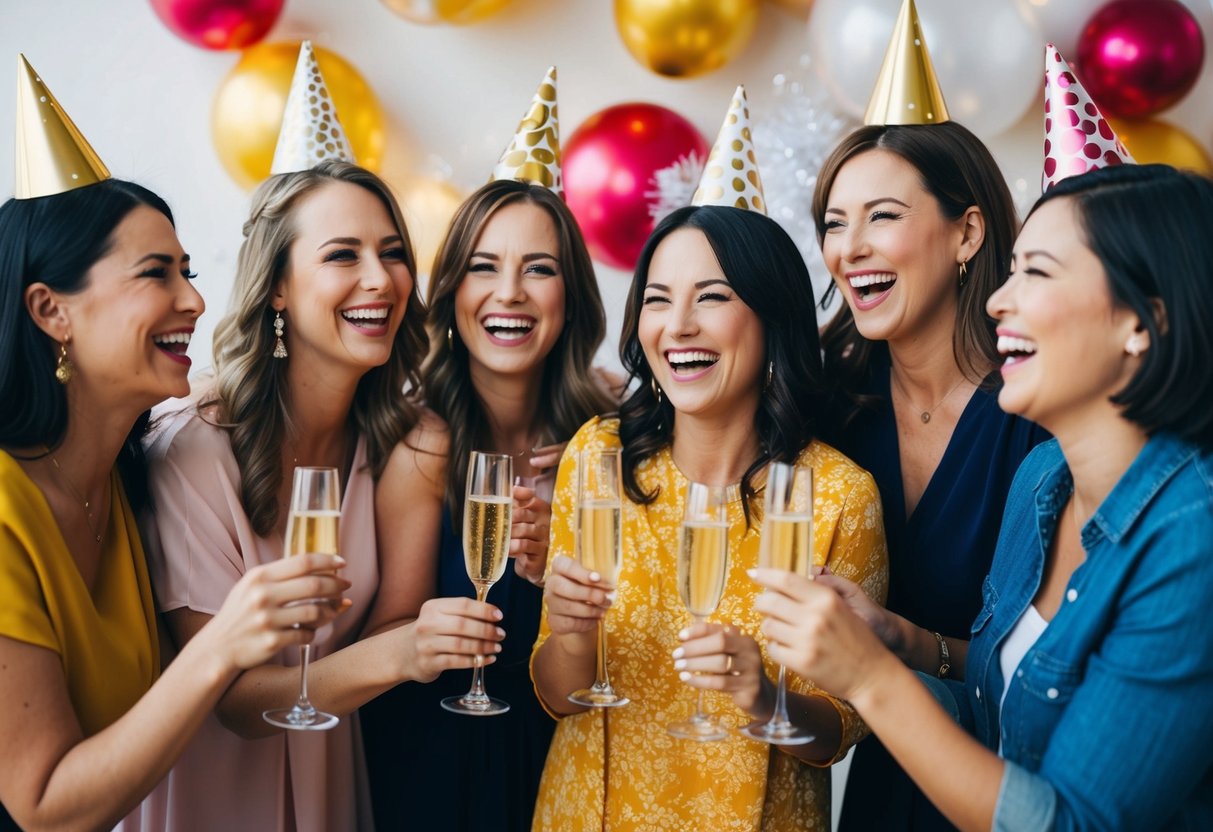 A group of women celebrating with decorations, champagne, and laughter