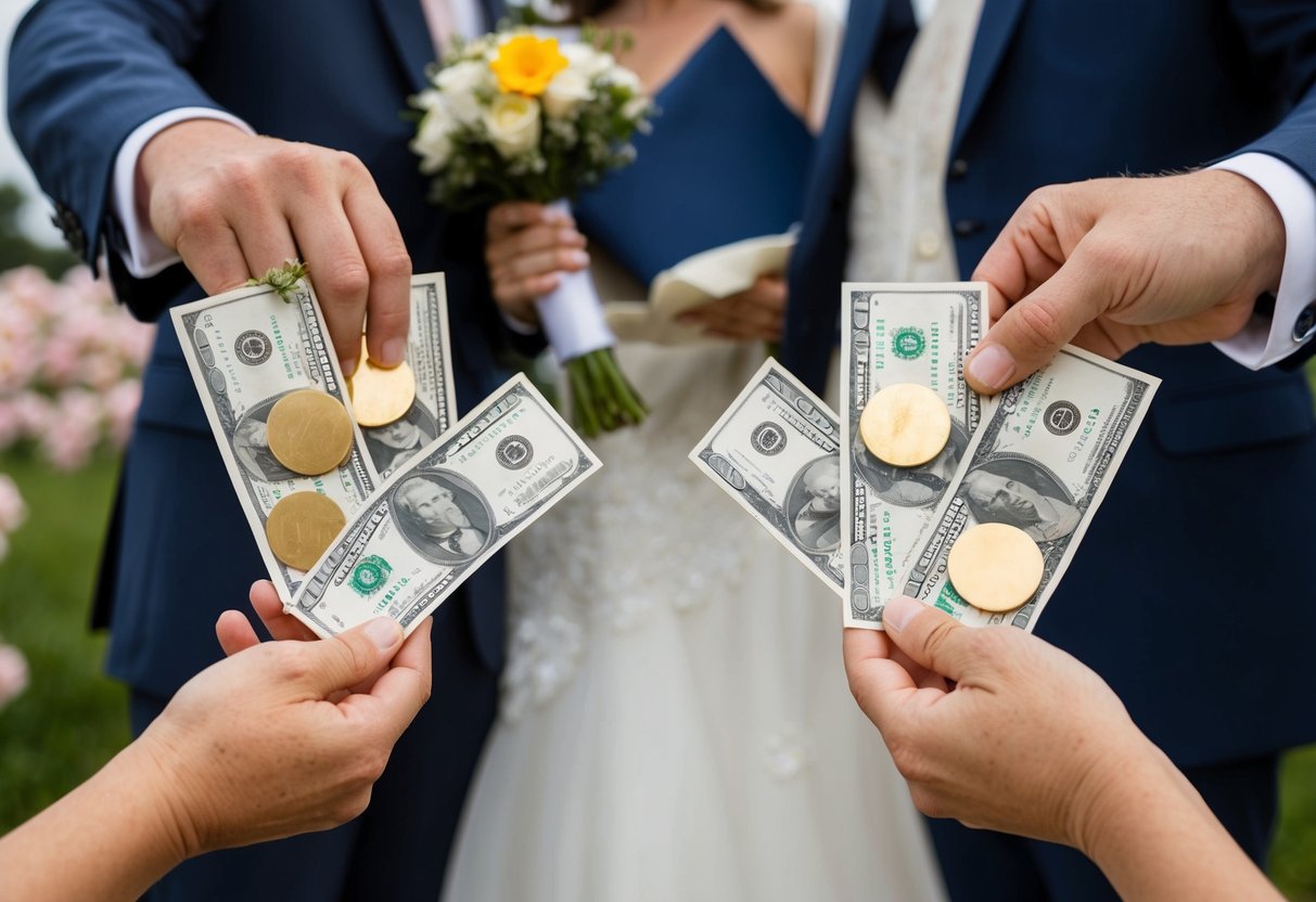 A bride and groom's families each contribute to a wedding, symbolized by a split bill and wedding-related items on each side