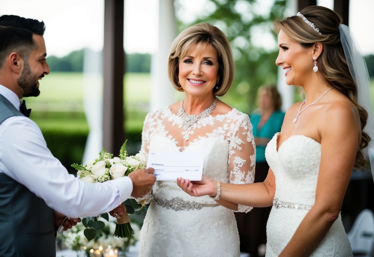 A mother of the bride handing over a check to a vendor at a wedding venue