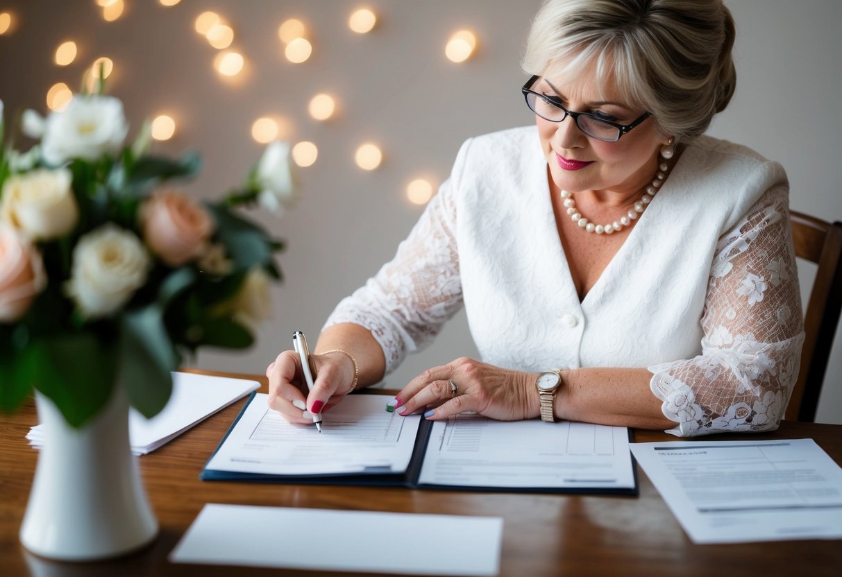 The mother of the bride writing checks and reviewing financial documents for wedding expenses