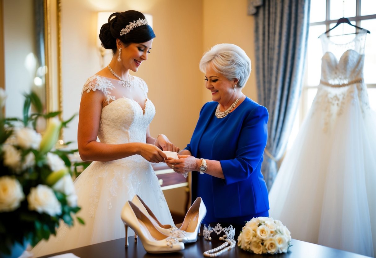 A mother of the bride pays for a luxurious wedding gown and elegant accessories, including shoes, jewelry, and a stylish hairpiece