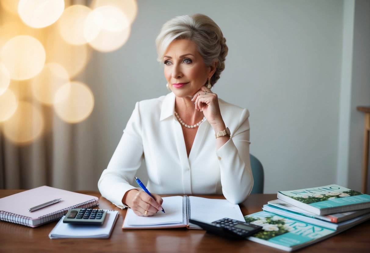 A mother of the bride sits at a table with a notebook, pen, and calculator, surrounded by wedding planning books and magazines. She is deep in thought, considering the logistics and costs of the upcoming wedding