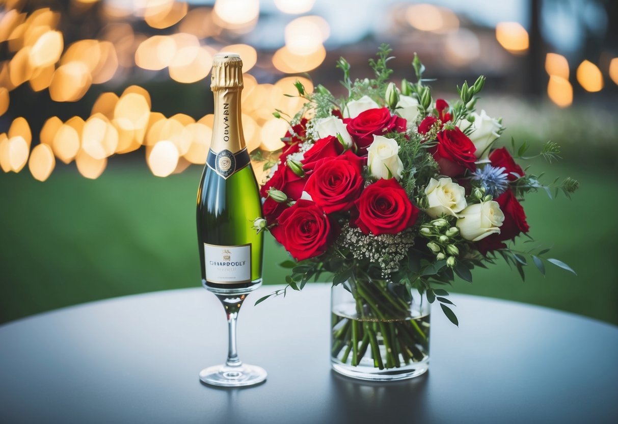 A bouquet of flowers and a bottle of champagne on a table