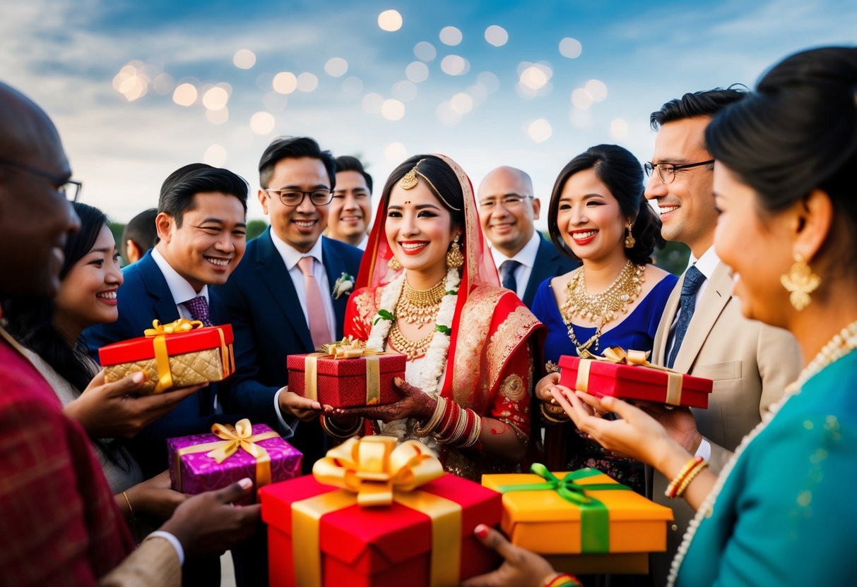 A group of people from diverse cultural backgrounds offering gifts and smiling at a blushing bride