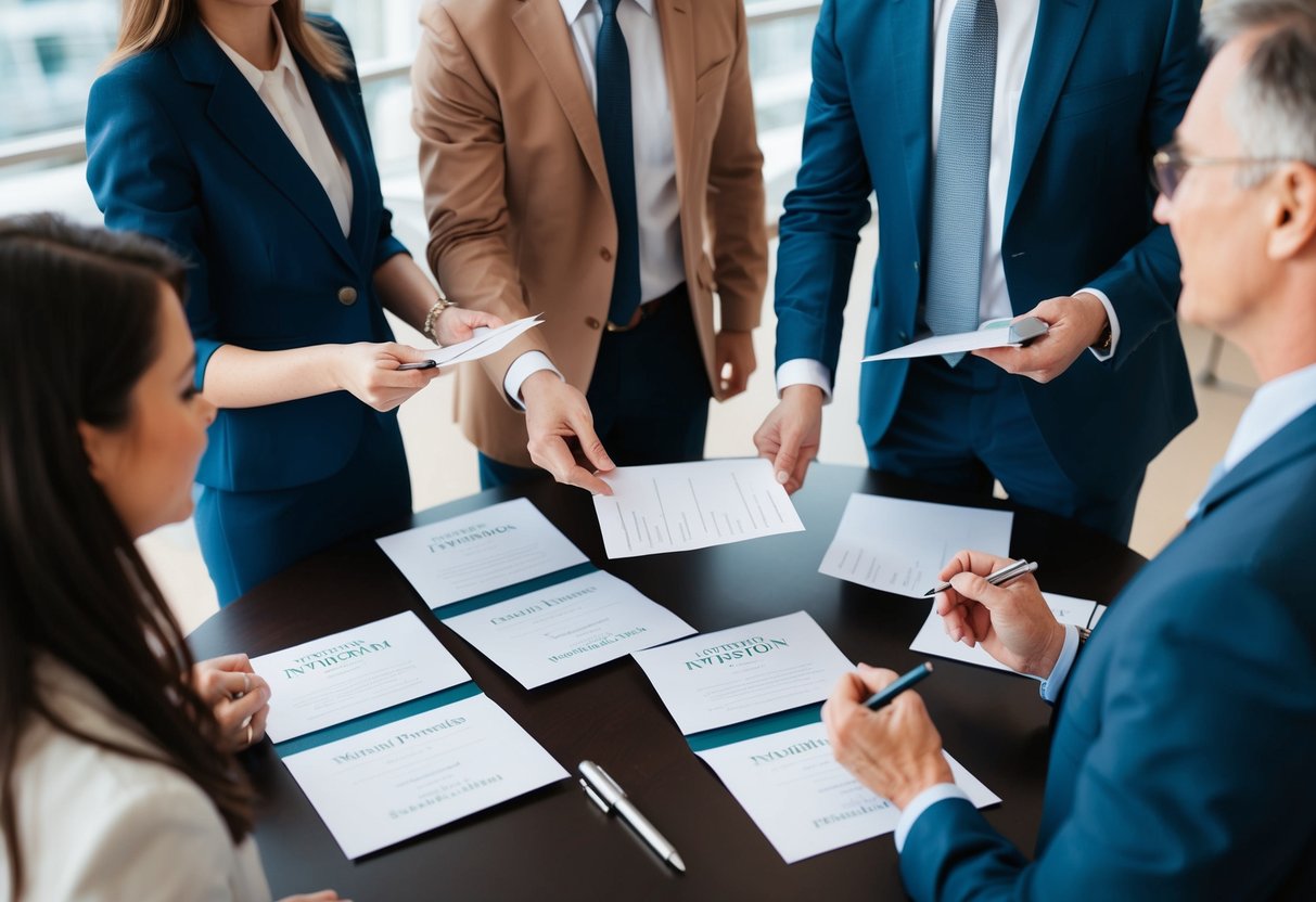 A group of people standing around a table with invitations and pens, indicating they are responding to an event invitation