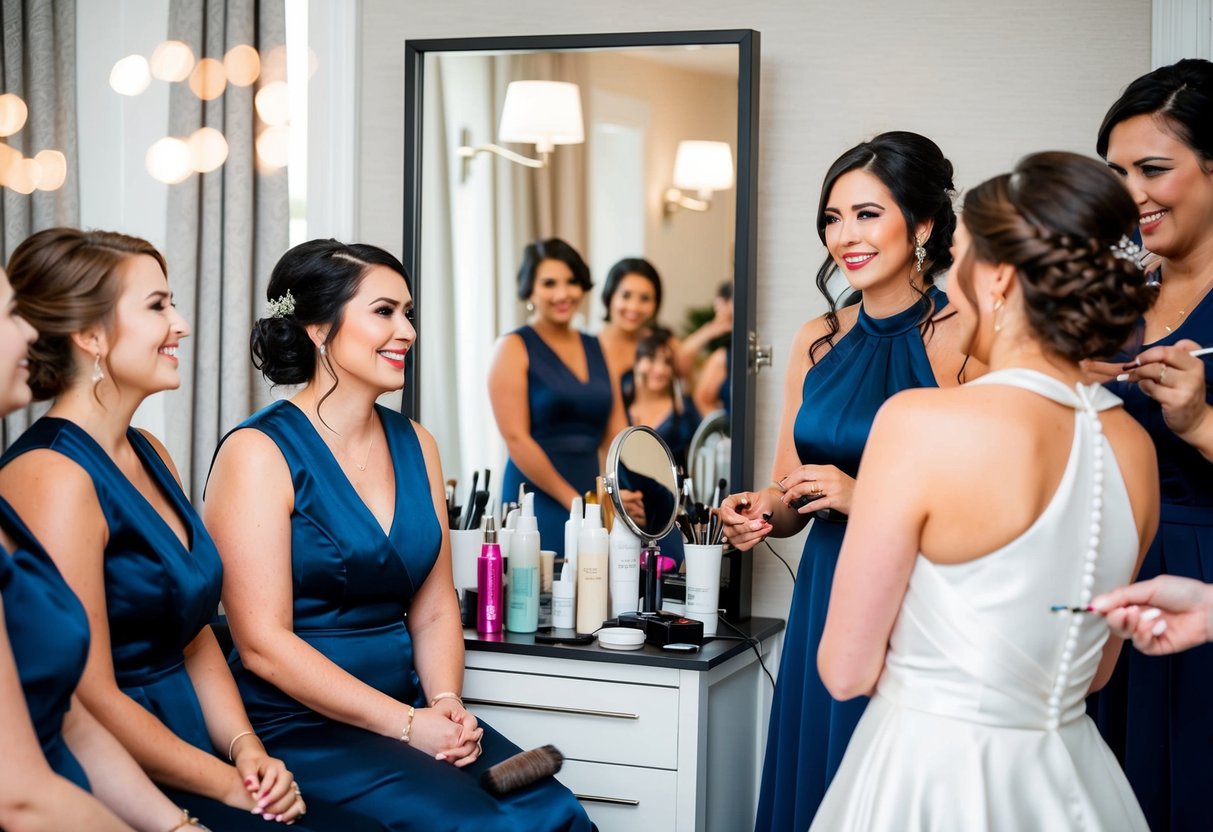 A group of bridesmaids sit in front of a mirror, getting their hair and makeup done by a professional artist. The bride looks on, smiling and chatting with her friends