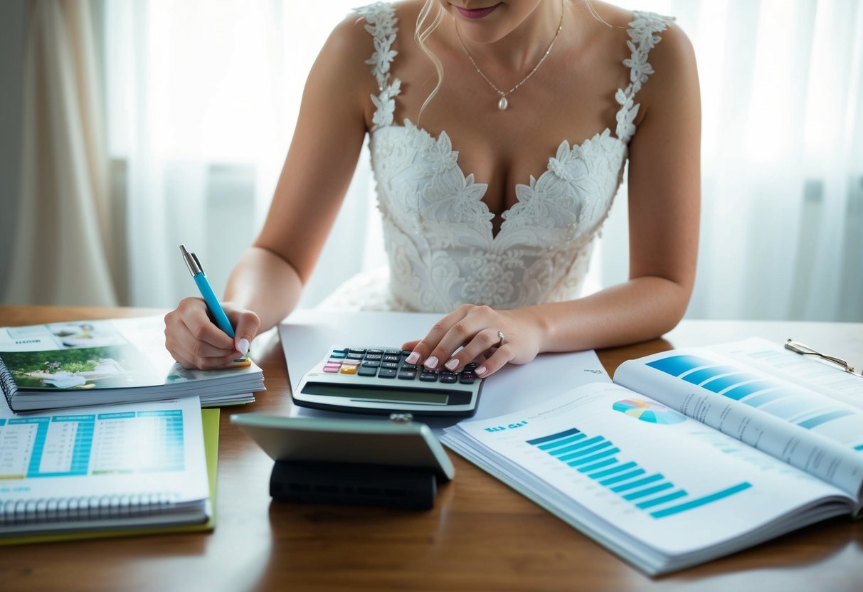 The bride sits at a table with a notebook and calculator, surrounded by wedding magazines and spreadsheets. She is carefully considering and planning the budget for the wedding