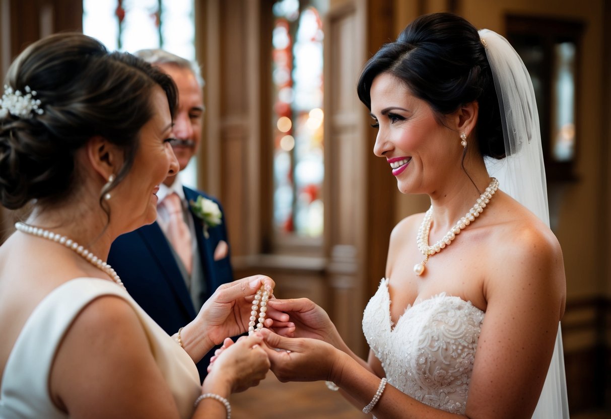 The groom's mother presents a delicate pearl necklace to the bride