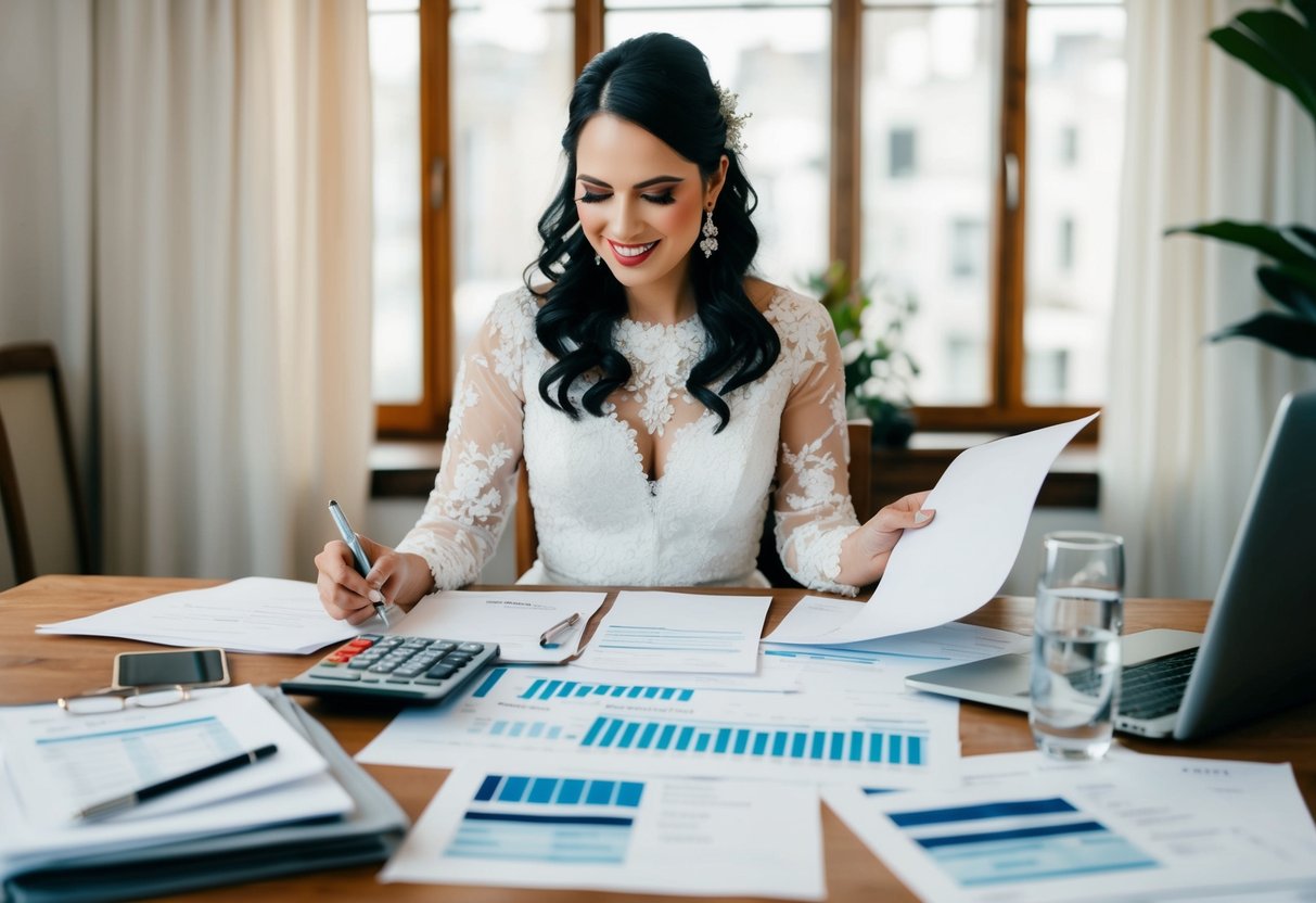 A bride sitting at a table, surrounded by wedding planning materials and invoices. She is calculating and budgeting for various traditional wedding costs
