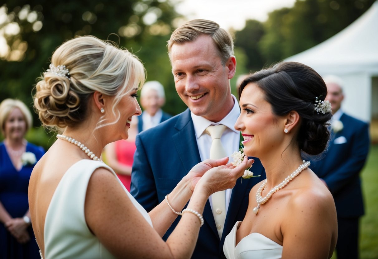 The groom's mother presents the bride with a delicate pearl necklace