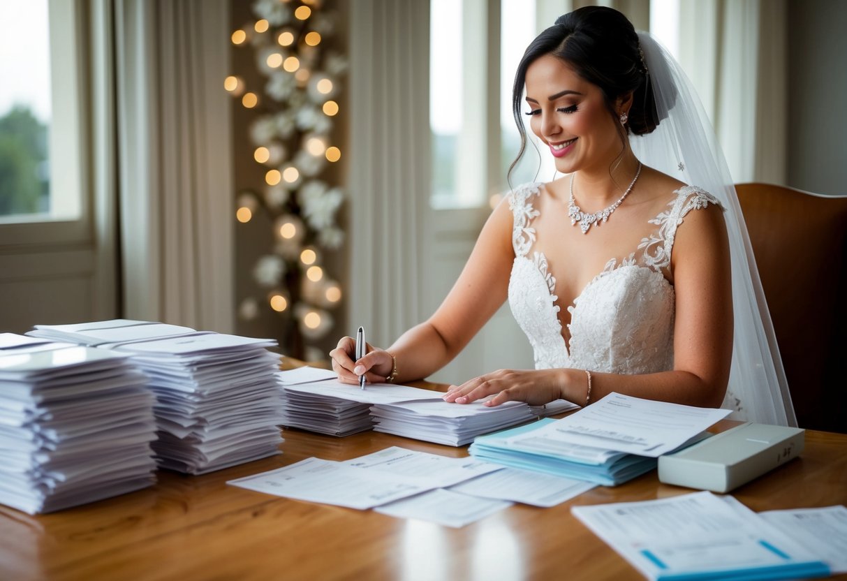 The bride is seated at a table with a stack of invoices, writing checks and organizing receipts for wedding expenses