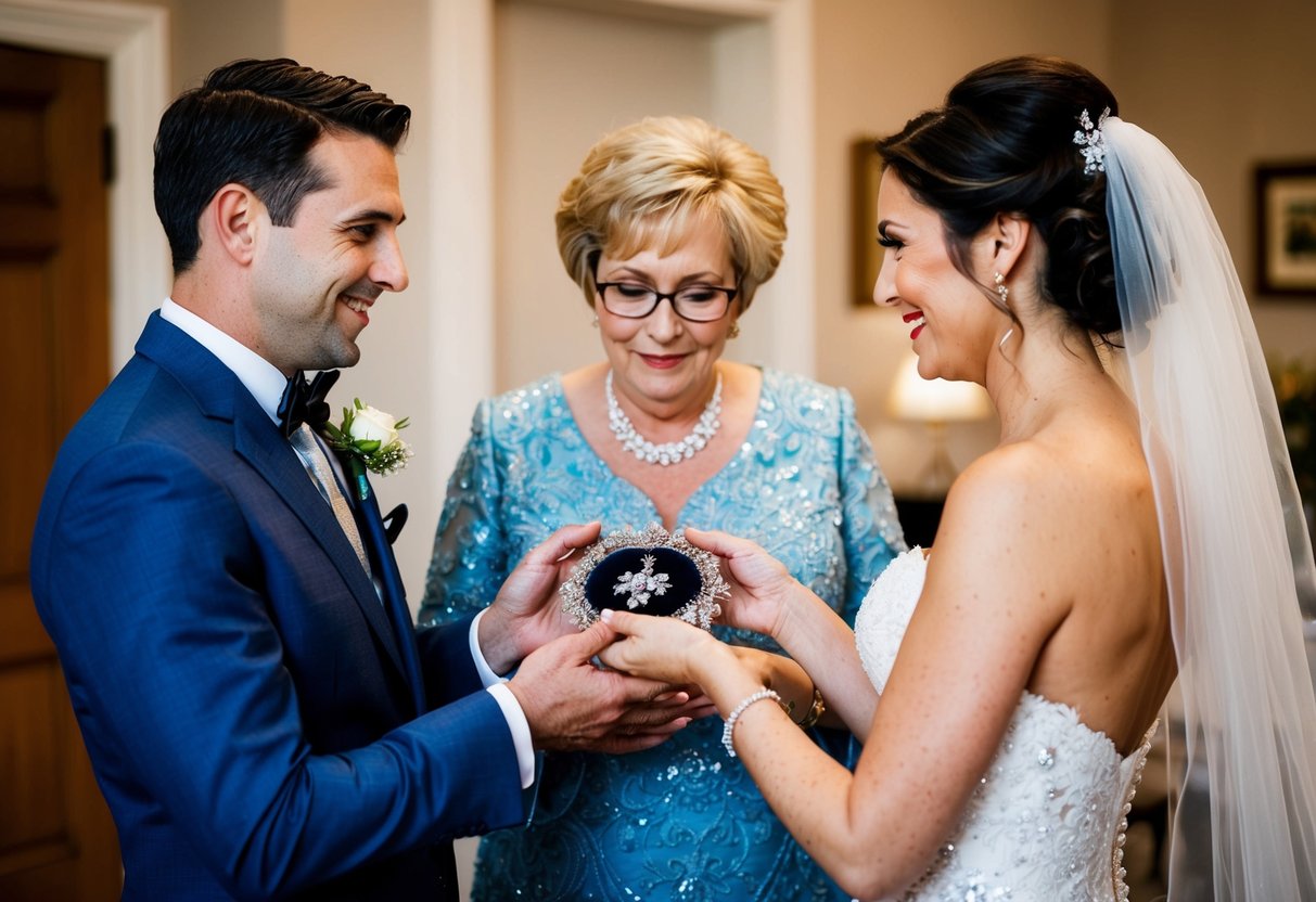 The groom's mother presents the bride with a delicate family heirloom, symbolizing the welcoming of the bride into the family