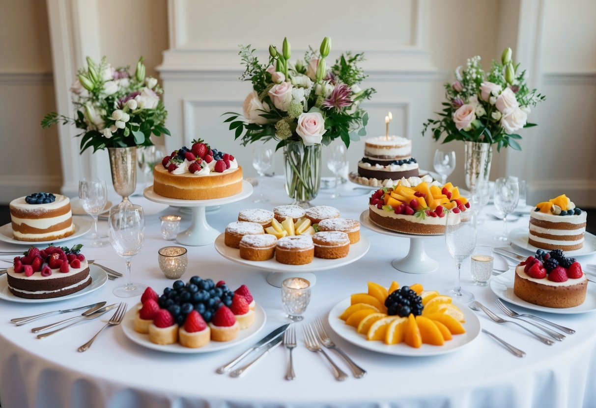 A table adorned with a variety of elegant pastries, cakes, and fruit platters, surrounded by delicate floral arrangements and sparkling glassware
