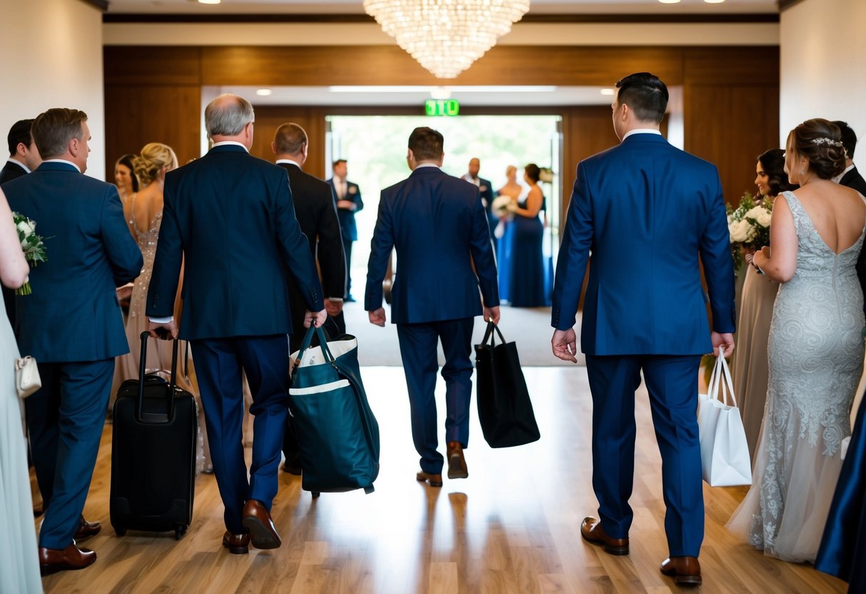 Guests gathering belongings, saying goodbyes, and heading towards the exit as the wedding party continues in the background