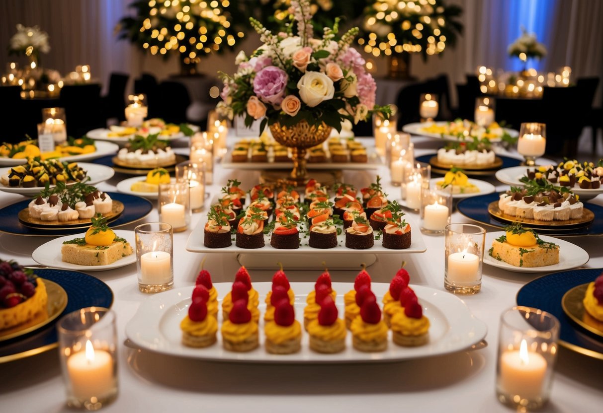 A lavish spread of gourmet dishes and desserts arranged on elegant platters and serving stations, surrounded by decorative floral centerpieces and twinkling candlelight