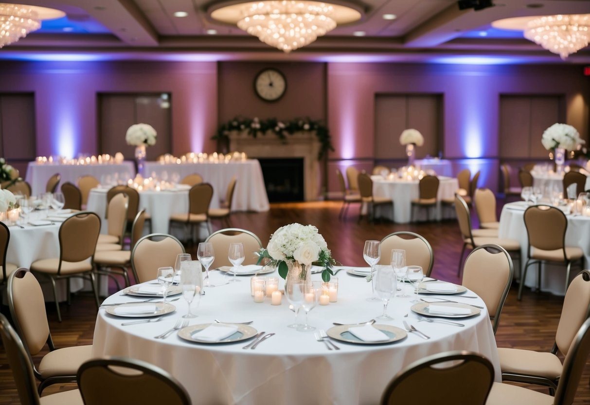 A wedding reception with half-empty tables and a clock showing an early hour. Decorations are still pristine, and the dance floor is mostly empty