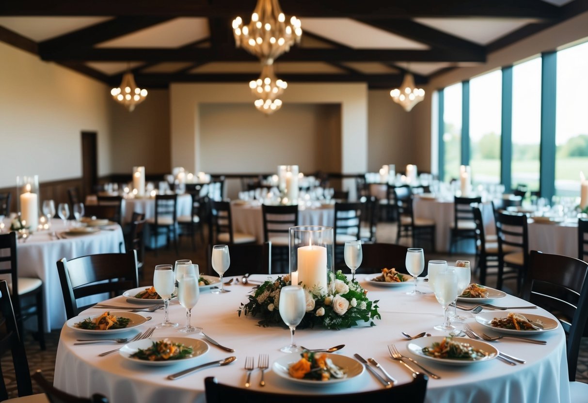Empty wedding venue with set tables and chairs, untouched food, and unlit candles