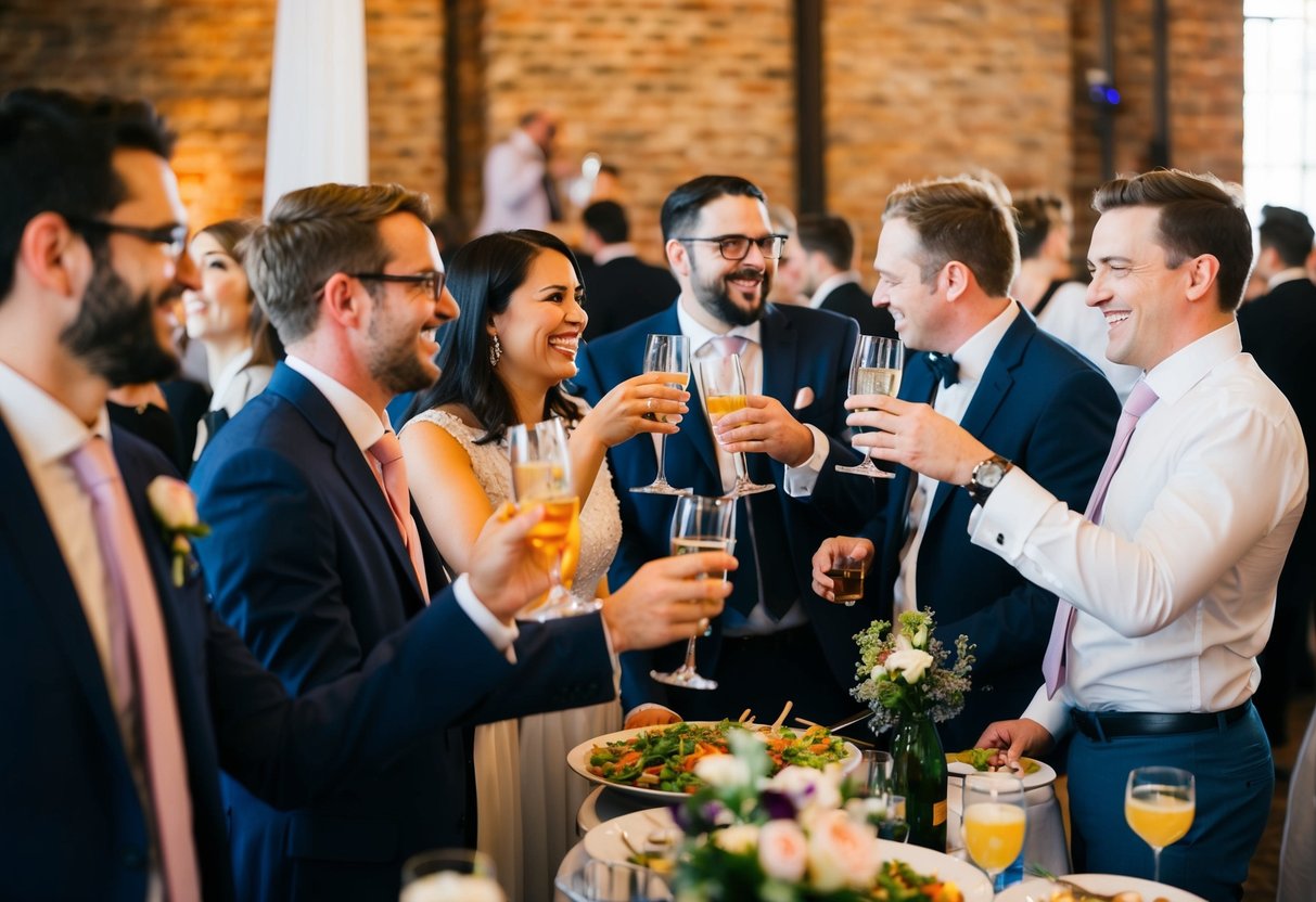 Guests mingle, clinking glasses and laughing. A live band plays, filling the air with music. Tables are filled with food and drinks