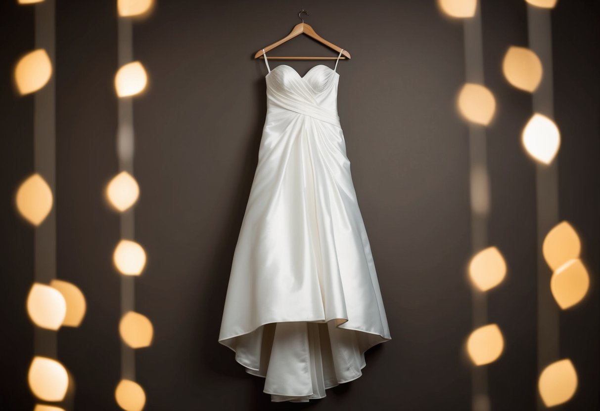 A wedding dress hanging loosely on a hanger, the fabric draping down with excess space, indicating significant weight loss