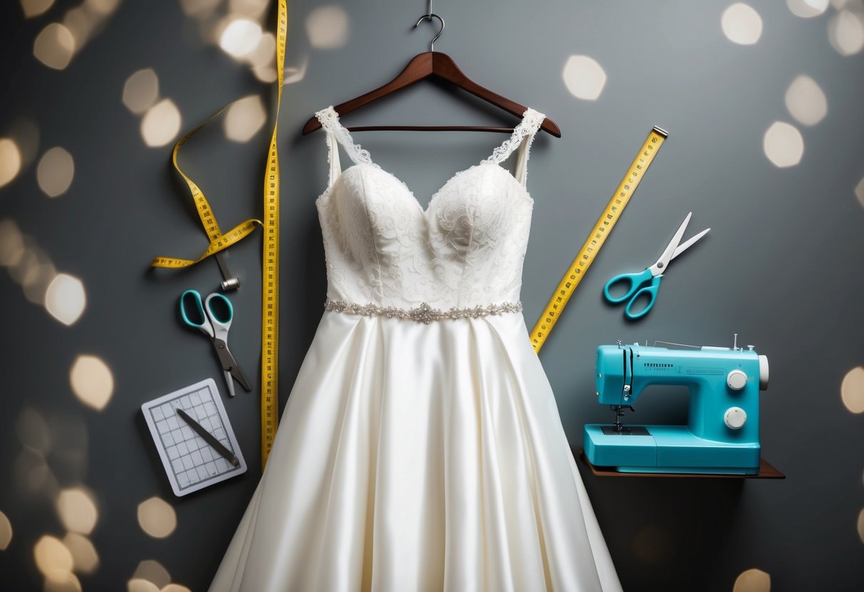 A wedding dress hanging loosely on a hanger, surrounded by a measuring tape, scissors, and a sewing machine