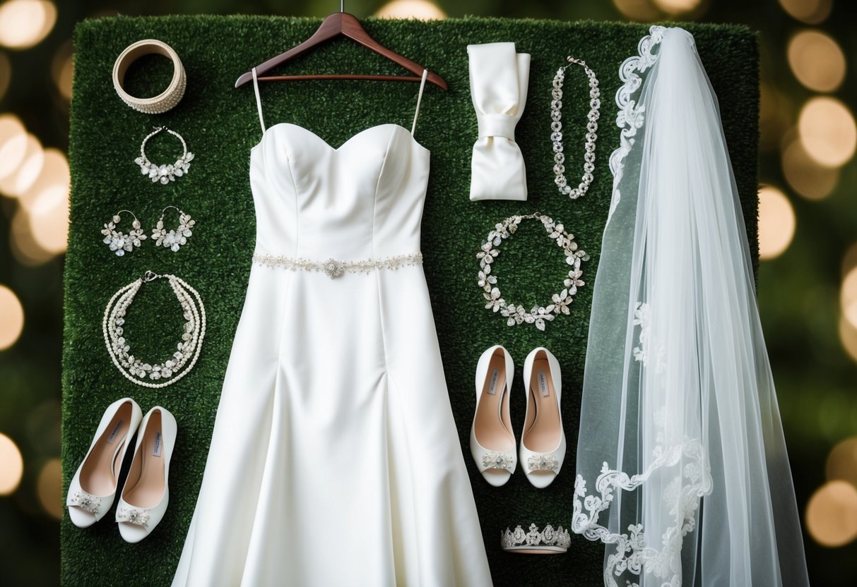 A wedding dress hanging on a hanger, surrounded by various accessories such as shoes, jewelry, and a veil