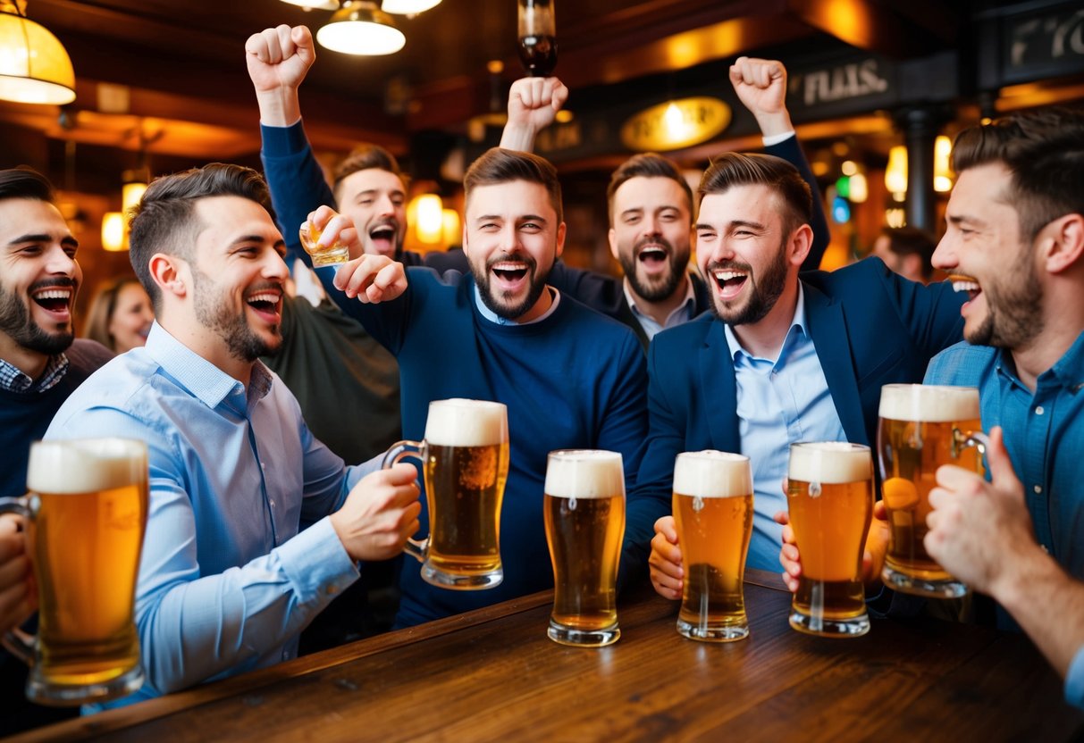 A group of men celebrating in a lively pub, with pints of beer, laughter, and cheers filling the air