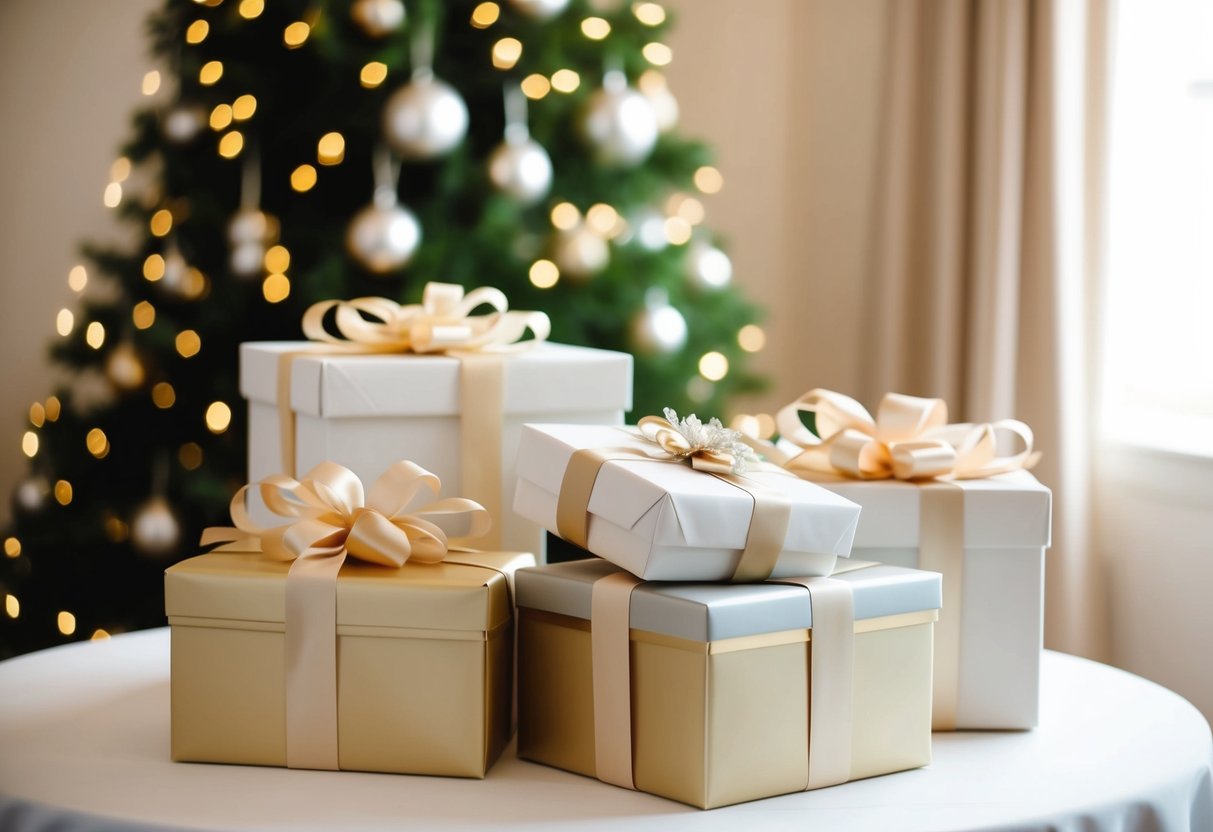 A beautifully wrapped gift box overflowing with elegant wedding presents