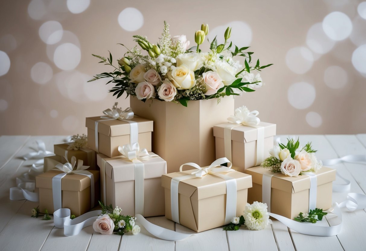 A beautifully wrapped gift box overflowing with elegant and thoughtful wedding presents, surrounded by delicate flowers and decorative ribbons