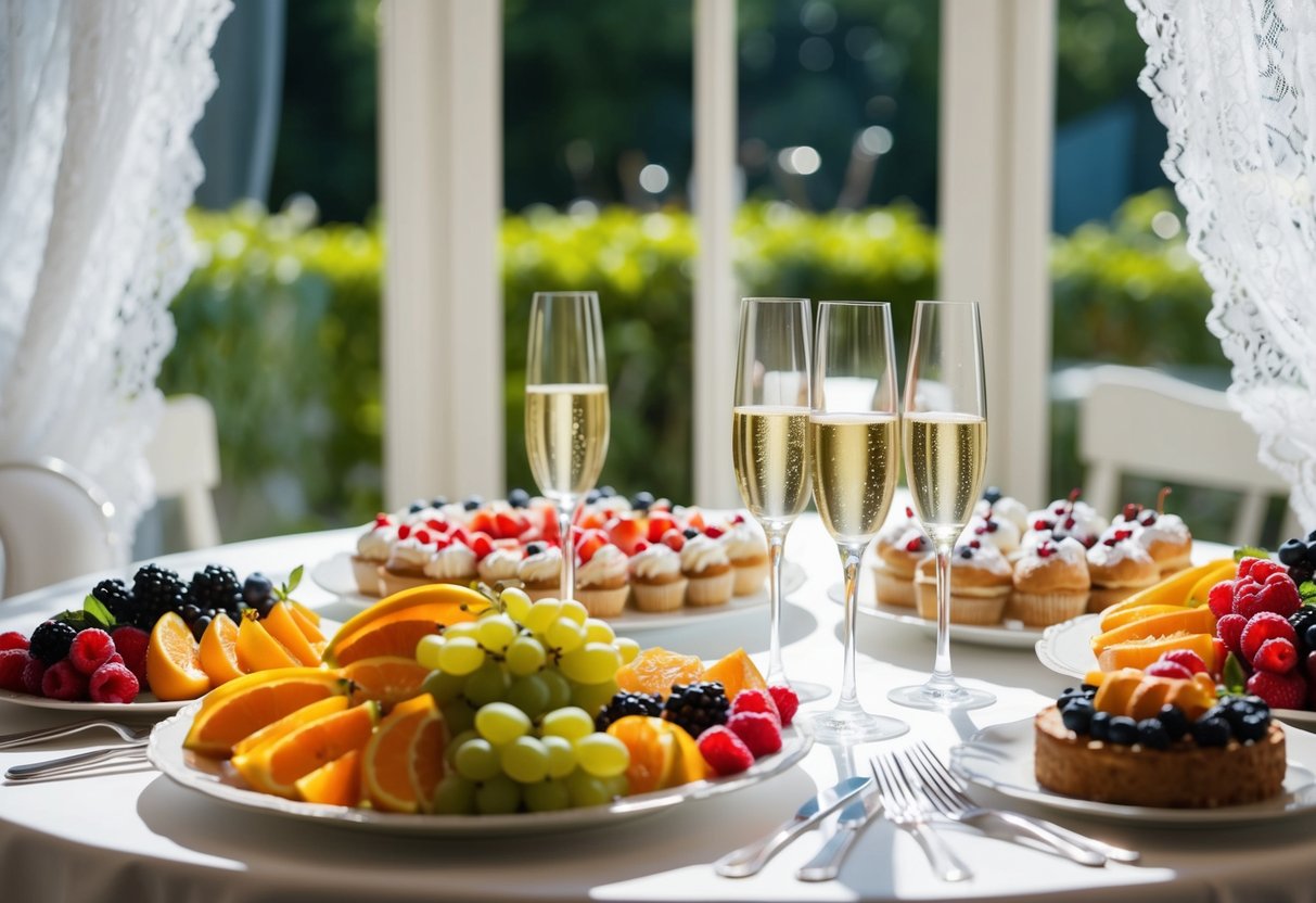 A table set with a spread of fresh fruits, pastries, and champagne glasses. Sunlight streams through lace curtains onto the elegant setting