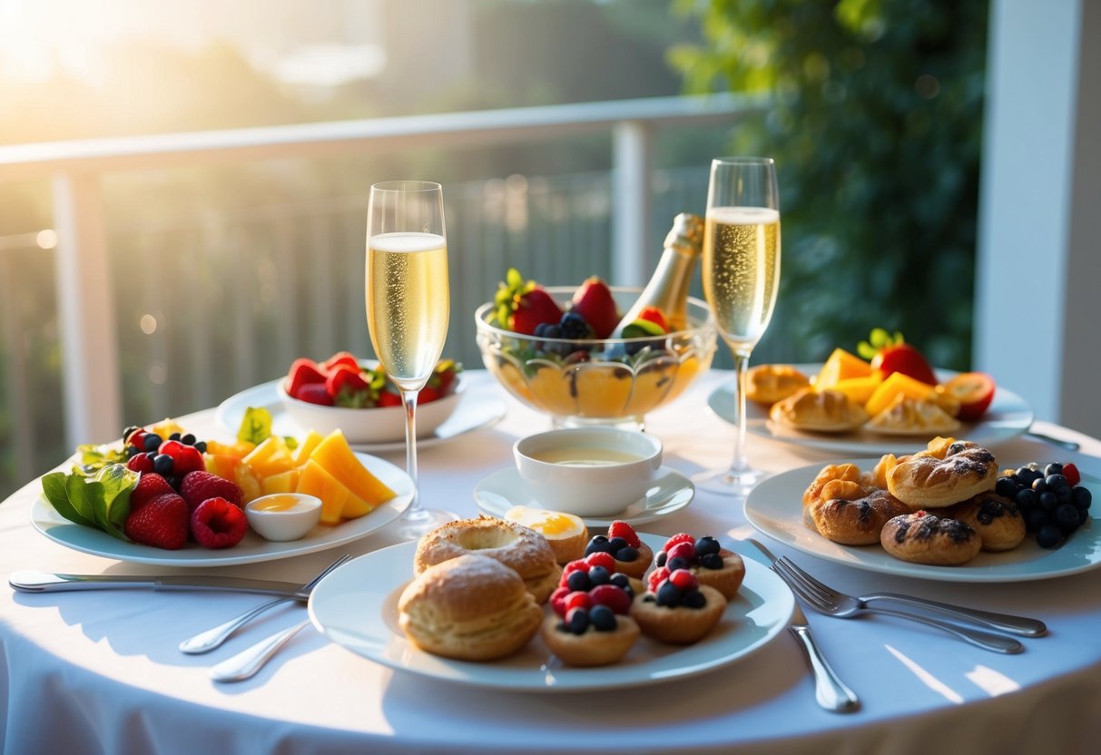 A beautifully set table with a variety of breakfast options, including fresh fruit, pastries, eggs, and champagne, all bathed in soft morning light