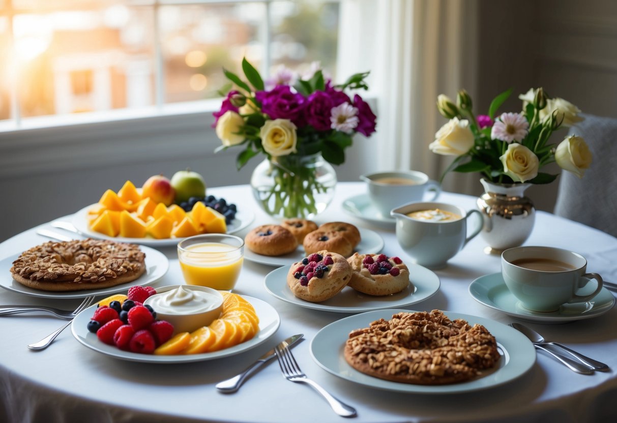 A breakfast spread with fresh fruit, yogurt, granola, and a selection of pastries on a table set with elegant tableware and a vase of flowers